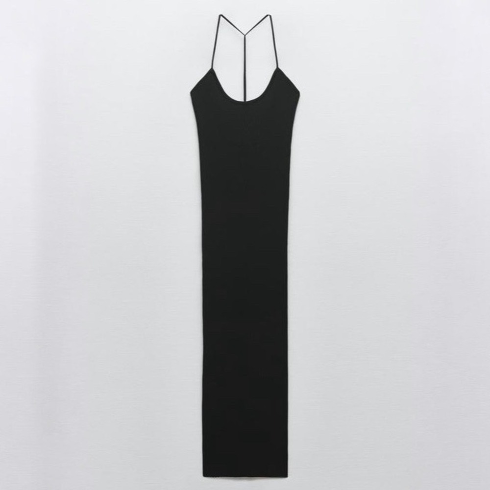 Zara Black Ribbed Knit T-Back Midi Dress Womens Size Medium NWT